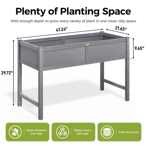 Front view of HDPE Elevated Raised Garden Bed With Legs For Outdoors 47 X 22 X 30 Inches Planter Box For Vegetables, Herbs And Flowers.