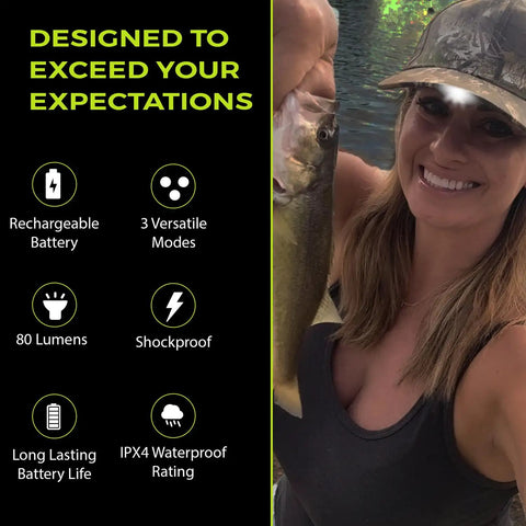 Woman wearing camouflage cap holding fish with text highlighting Ultra Bright USB Rechargeable LED Hat Light Built In Cap Visor features