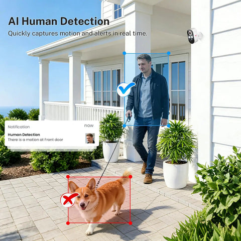 Man walking dog with 1080P Wireless Outdoor Security Camera With Battery Power AI Human Detection Color Night Vision on porch.
