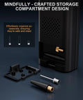 Detail of No Fuss Portable Tire Inflator's storage compartment showing nozzles and adapters for added organization.