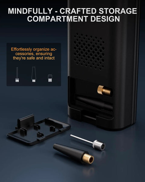 Detail of No Fuss Portable Tire Inflator's storage compartment showing nozzles and adapters for added organization.