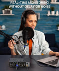 Person using 2x2 USB Audio Interface For Recording Music, 24 Bit 192 KHz, No Fuss Plug And Play For PC And Mac; podcast setup