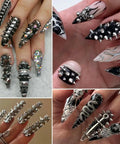 Dope Mini Metal Punk Nail Art Studs Set In Gold And Black, Mixed Sizes With Tweezers And Steel Ball Charms, Diy Nail Jewelry Kit, 6 Grid Organizer For Quick, Precise, Edgy Manis applied to black spiked nails