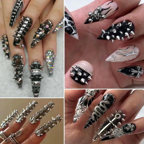 Dope Mini Metal Punk Nail Art Studs Set In Gold And Black, Mixed Sizes With Tweezers And Steel Ball Charms, Diy Nail Jewelry Kit, 6 Grid Organizer For Quick, Precise, Edgy Manis applied to black spiked nails