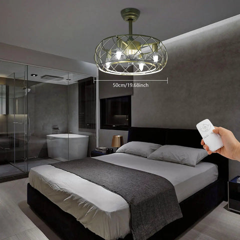 Ceiling Fan with Light Remote 3-Speed Quiet Brushless Motor Timer 50cm in modern bedroom setting with remote control.