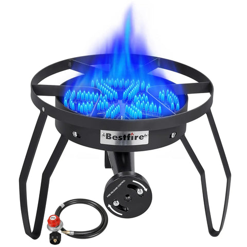 16 Inch Propane Burner Outdoor Stove With Four Foot High Pressure Hose Be The Boss Of Heat 0-20 PSI Adjustable Delivers Up To 200,000 BTU For Frying Camping Home Brewing And Turkey Frying with blue flame