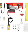 650 Watt Electric Cable Hoist 660 Lbs Capacity With Wireless Remote Control parts including motor, remote, towing sling, and instruction manual.