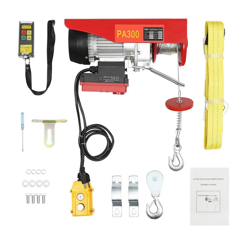 650 Watt Electric Cable Hoist 660 Lbs Capacity With Wireless Remote Control parts including motor, remote, towing sling, and instruction manual.