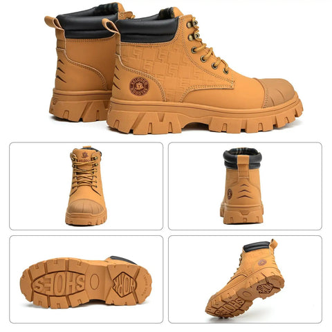Waterproof Steel Toe Work Boots For Men 6 Inch Leather Construction Boots With Non Slip Outsole Safety Boots For Job Sites Wheat Color