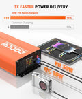 Heavy Duty 2000W Pure Sine Wave Inverter showing fast charging capability with phone and camera connected