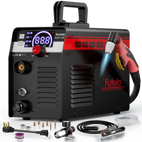 Dual Voltage Plasma Cutter 55A With Large LED Display, Contact Arc Start, IGBT Inverter, tools and accessories included