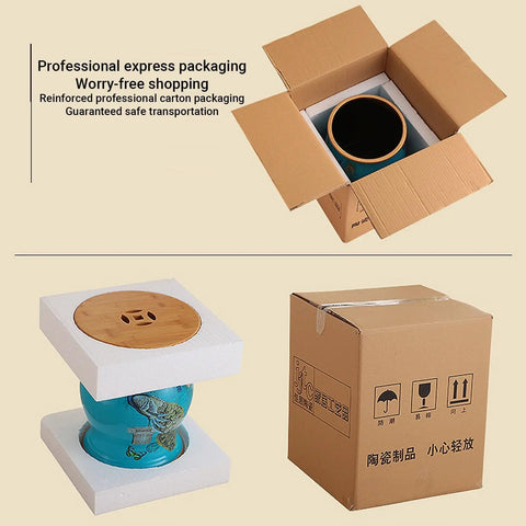 Retro Ceramic Drum Garden Stool Featuring Lively Floral Bird Details And Smart Shoe Compartment in protective packaging.