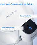 Close-up of Electric Water Filter Pitcher With Rechargeable Instant Dispenser, showing power and filter life indicators, NSF Certified.