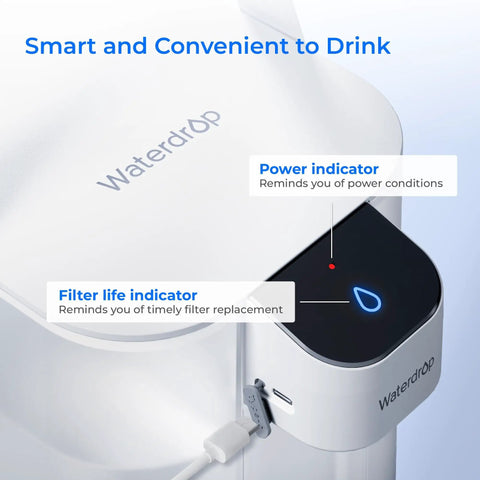 Close-up of Electric Water Filter Pitcher With Rechargeable Instant Dispenser, showing power and filter life indicators, NSF Certified.