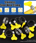 adjustable hose clamps set with key type worm gear and yellow handles, stainless steel 304, ideal for plumbing and automotive projects