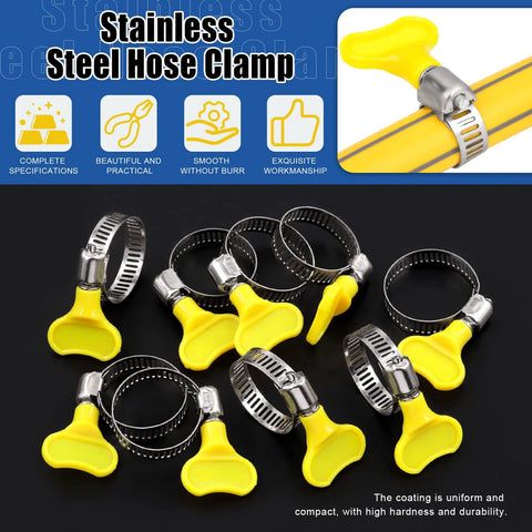 adjustable hose clamps set with key type worm gear and yellow handles, stainless steel 304, ideal for plumbing and automotive projects