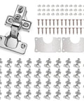 100 Pack Self Closing Concealed Cabinet Hinges For One Half Inch Overlay Face Frame Cabinets 105 Degree Stainless Steel Soft Close With Mounting Screws And Repair Plate shown with all components