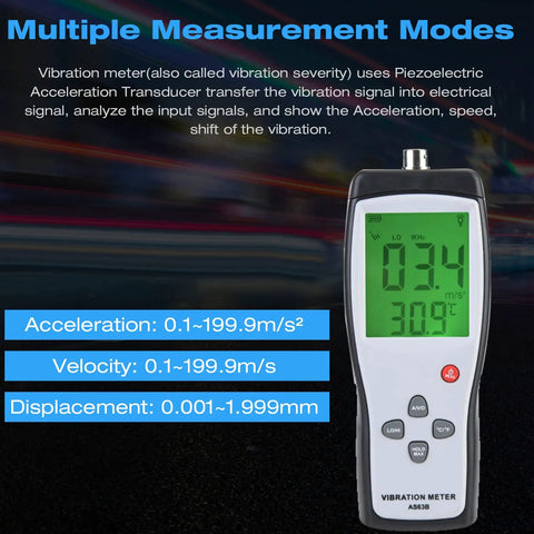 Pro Grade Handheld Vibrometer With Accelerometer For Motors Bearings Pumps And Industrial Machinery Analysis Measures Acceleration Velocity And Displacement For Real Time Vibration Monitoring And Fault Detection shown with display