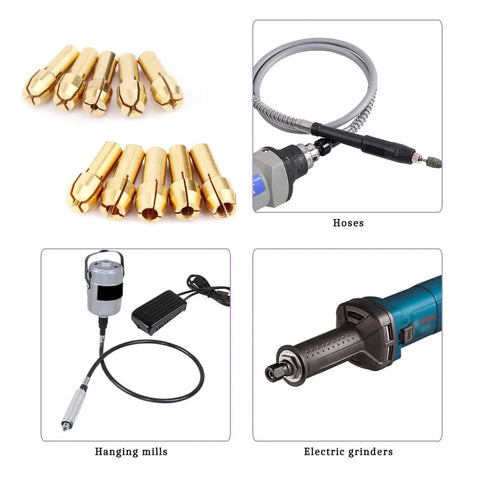 Brass Collet Mini Electric Grinder Quick Change Drill Chuck Bits Set 0.5 To 3.2mm Clamping Range, shown with hoses and grinder