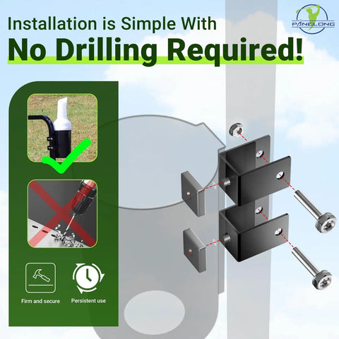 Universal Golf Cart Sand Bottle With A Tight Secure Holder Featuring Hassle Free No Drill Install. Installation graphic shows mounting without drilling.