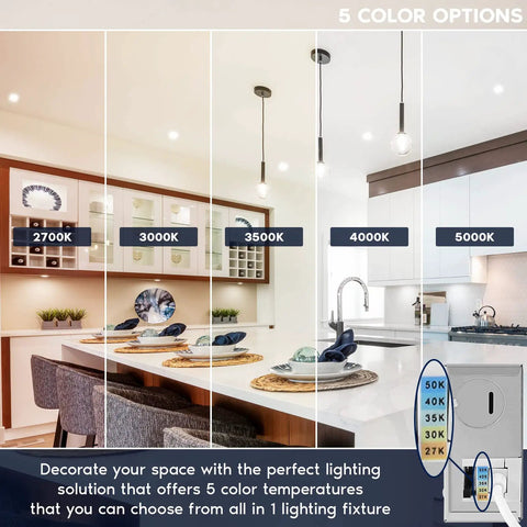 3 Inch Square LED Recessed Ceiling Light With Junction Box 5 CCT Adjustable 2700K To 5000K 800 Lumens Dimmable Canless Wet Rated ETL Pack Of 4 Bright, Modern Downlights For Home, Office, Or Workshop showing 5 color temperature options in a kitchen.