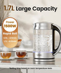 1.7L Glass Electric Kettle for Coffee and Tea With 6 Temperature Presets, Rapid 1500W Boil, Keep Warm Memory on kitchen counter