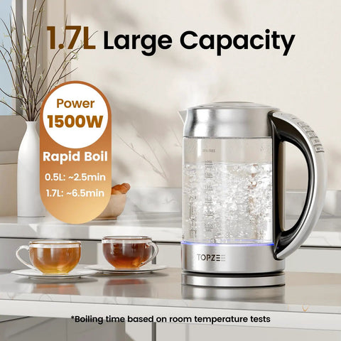 1.7L Glass Electric Kettle for Coffee and Tea With 6 Temperature Presets, Rapid 1500W Boil, Keep Warm Memory on kitchen counter