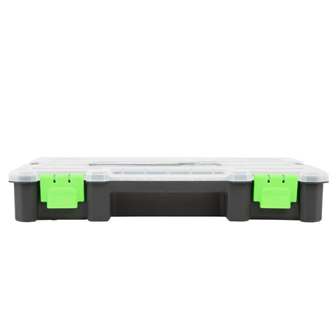 Side view of the All In One Tool And Parts Organizer Set With An 11 Inch Nine Compartment Tray, clear top, and green clasps