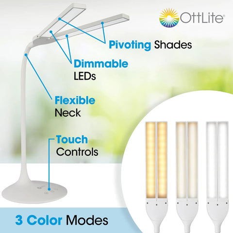 Dual Shade LED Desk Lamp With Three Color Temperature Modes, Auto Shutoff Timer, Adjustable Neck And Touch Activated Controls