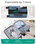 Blue 20-inch expandable hard-shell carry-on luggage with spinner wheels and TSA lock; interior with pockets.