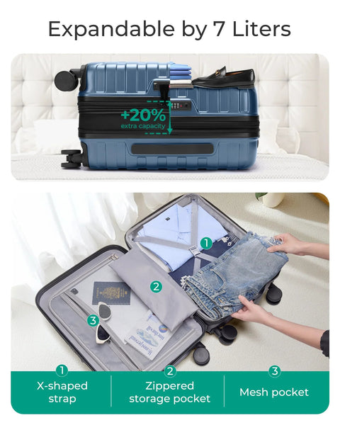 Blue 20-inch expandable hard-shell carry-on luggage with spinner wheels and TSA lock; interior with pockets.