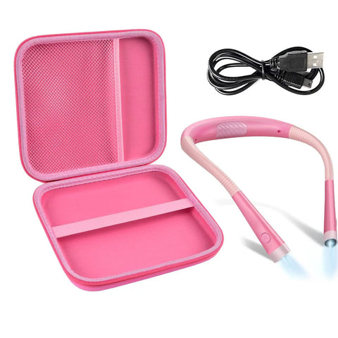 Pink Universal Case For LED Neck Reading Light, Portable Storage Holder For USB Cable And Book Light with accessories shown