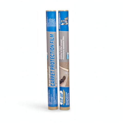 Two rolls of Carpet Protection Film 24 Inch By 50 Foot Self Adhesive Floor Shield Rug Guard with product labels.