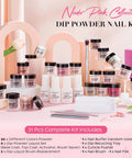Dip Powder Nail Kit Starter With 20 Colors Including Clear Nude Pink Brown Glitter All Season Acrylic Dipping Powder And 4 Liquid Set Base Coat Top Coat Activator Plus Pro Grade Tools Brush Saver For French Nail Art DIY Salon Gift displayed with tools and powders.