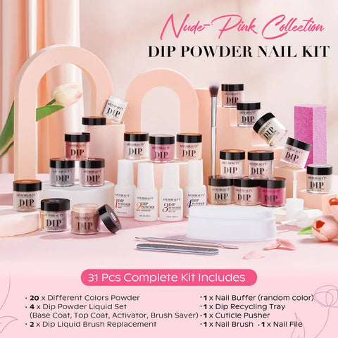 Dip Powder Nail Kit Starter With 20 Colors Including Clear Nude Pink Brown Glitter All Season Acrylic Dipping Powder And 4 Liquid Set Base Coat Top Coat Activator Plus Pro Grade Tools Brush Saver For French Nail Art DIY Salon Gift displayed with tools and powders.