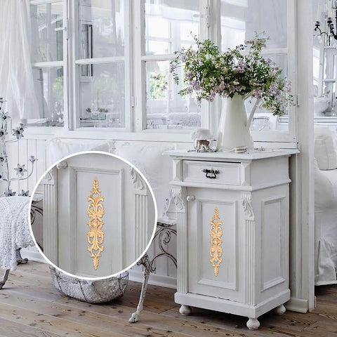 Top Shelf 16 Piece Hand Carved Wood Appliques Set Featuring Slick Unpainted DIY Decorative Wooden Trim And Embellishments For Cabinets Dressers Beds And Walls With Two Dang Perfect Sizes on white nightstand.