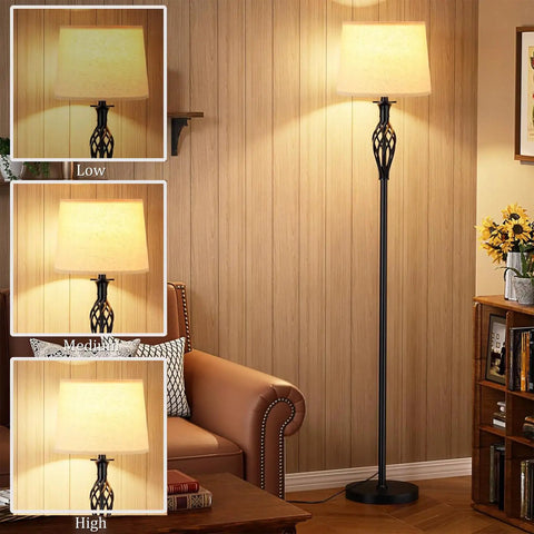 Three Way Light Bulbs With 30/70/100W Equivalents For Soft White 2700K A19 Lamps in floor lamp, three brightness levels shown