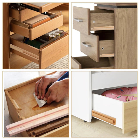8 Pack Beech Wood Drawer Slides 16 Inch Center Mount Guide Tracks installed in wooden desk and dresser drawers