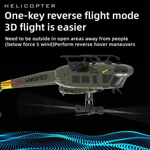 315mm RC Helicopter For Adults With Optical Flow Positioning And TOF Laser Radar, side view in dark background, showing reverse flight mode.