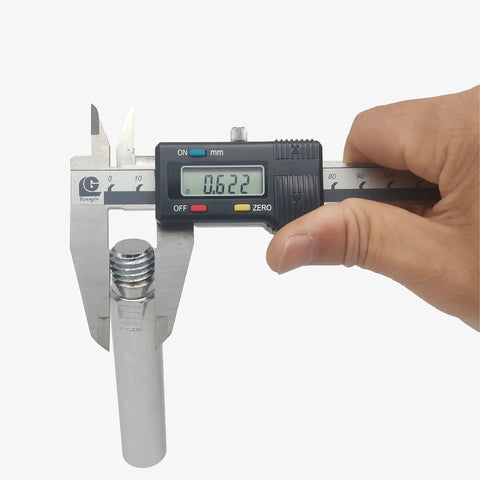 Measuring 5/8 inch diameter of Built Like A Tank 5/8 Inch 11 Thread Angle Grinder Extension Shaft Set with caliper.