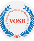 Veteran Owned Small Business logo in a circular shape, features blue laurel leaves and red lettering, representing VOSB certification.