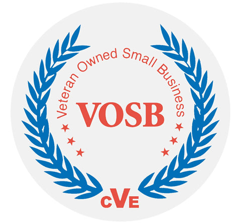 Veteran Owned Small Business logo in a circular shape, features blue laurel leaves and red lettering, representing VOSB certification.