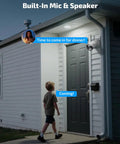 130 Degree Wide Angle Wireless Outdoor Security Camera System With Two Way Audio at front door during evening.