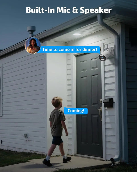 130 Degree Wide Angle Wireless Outdoor Security Camera System With Two Way Audio at front door during evening.