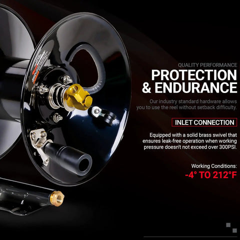 Close-up of Retractable Air Hose Reel With Hand Crank Built Tough Three Eighths Inch By Fifty Feet 300 PSI 20 Bar Heavy Duty