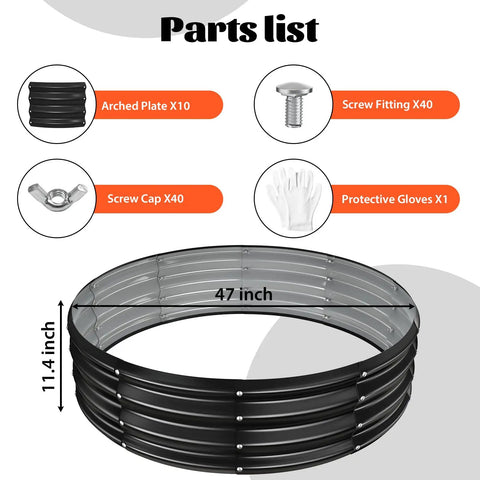 48 Inch Round Galvanized Fire Pit Ring Foldable For Backyard Hangouts And Campfires In Yard Garden Park Or Beach Black Gray Durable Rust Resistant Steel 4 Ft Diameter 1 Ft Tall with parts including arched plates and screws.