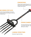 Heavy Duty 5 Tine Pitch Fork For Garden Work With Long Ergonomic T Handle Rust Resistant Stainless Steel Head Minimal Soil Adhesion