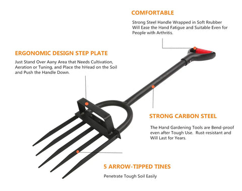 Heavy Duty 5 Tine Pitch Fork For Garden Work With Long Ergonomic T Handle Rust Resistant Stainless Steel Head Minimal Soil Adhesion