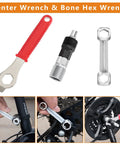 Image showing tools from Sixteen In One Bicycle Repair Toolkit With Tire Patch Kit, including center wrench and bone hex wrench in use.