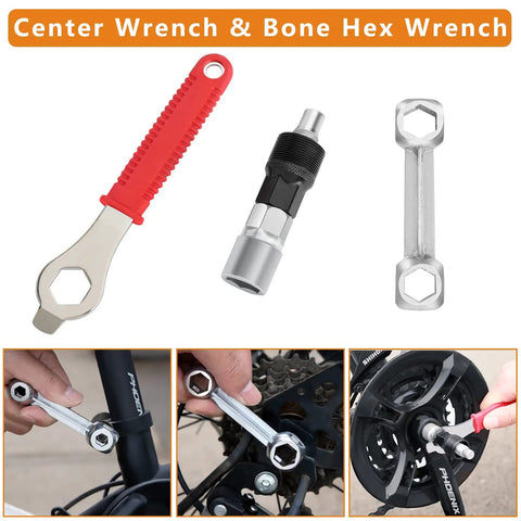 Image showing tools from Sixteen In One Bicycle Repair Toolkit With Tire Patch Kit, including center wrench and bone hex wrench in use.